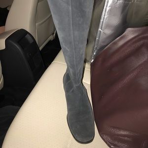 Gray suede flat boots with over knee tab